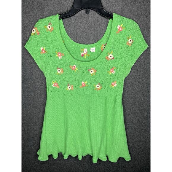 Anthropologie Moth Green Short Sleeve Knit Sweater Top Floral SZ M Y2K Boho - Picture 1 of 10